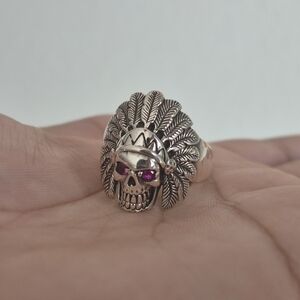 .925 Sterling Silver Skull with Native American Headwear Men's Ring Brand new